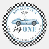 Fast One Blue race auto Boy Verjaardag Bedankt Ronde Sticker (Voorkant)