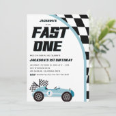 Fast One Blue Race auto Verjaardagsfeest Kaart (Staand voorkant)
