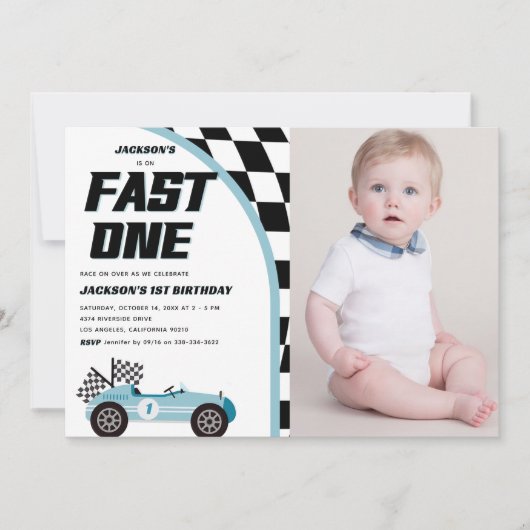 Fast One Blue Race Auto Verjaardagsfeestfoto Kaart (Voorkant)