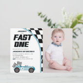 Fast One Blue Race Auto Verjaardagsfeestfoto Kaart (Staand voorkant)