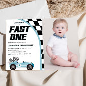Fast One Blue Race Auto Verjaardagsfeestfoto Kaart