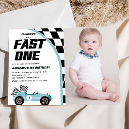 Fast One Blue Race Auto Verjaardagsfeestfoto Kaart