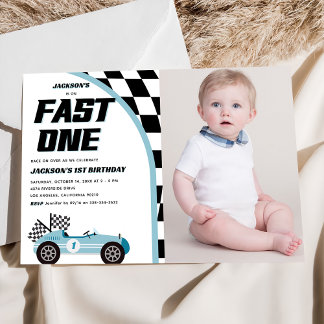 Fast One Blue Race Auto Verjaardagsfeestfoto Kaart
