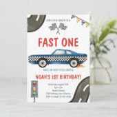 Fast One Blue Race Car 1e Verjaardag uitnodiging (Staand voorkant)