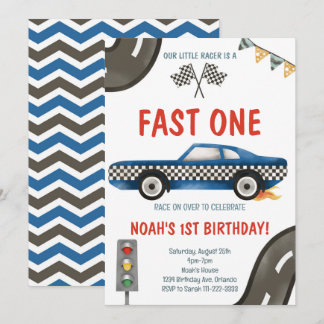 Fast One Blue Race Car 1e Verjaardag uitnodiging