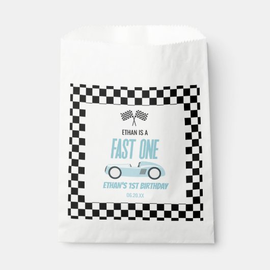 Fast One Blue Race Car 1e verjaardagsfeestje Bedankzakje (Voorkant)