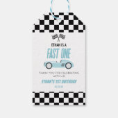 Fast One Blue Race Car 1e verjaardagsfeestje Cadeaulabel (Achterkant)