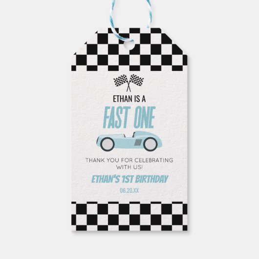 Fast One Blue Race Car 1e verjaardagsfeestje Cadeaulabel (Achterkant)