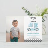 Fast One Blue Race Car 1e verjaardagsfeestje Kaart (Staand voorkant)