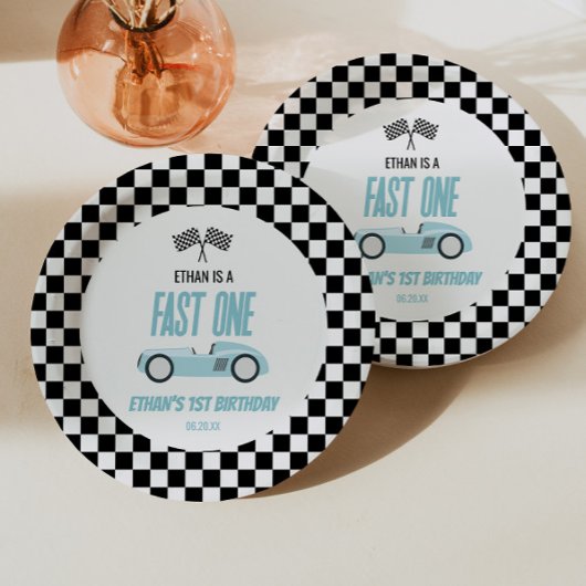 Fast One Blue Race Car 1e verjaardagsfeestje Papieren Bordje