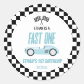 Fast One Blue Race Car 1e verjaardagsfeestje Ronde Sticker (Voorkant)