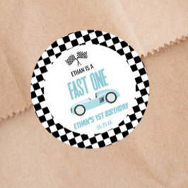 Fast One Blue Race Car 1e verjaardagsfeestje Ronde Sticker
