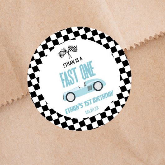 Fast One Blue Race Car 1e verjaardagsfeestje Ronde Sticker