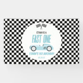 Fast One Blue Race Car 1e verjaardagsfeestje Spandoek (Horizontaal)