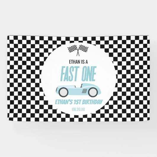 Fast One Blue Race Car 1e verjaardagsfeestje Spandoek (Horizontaal)