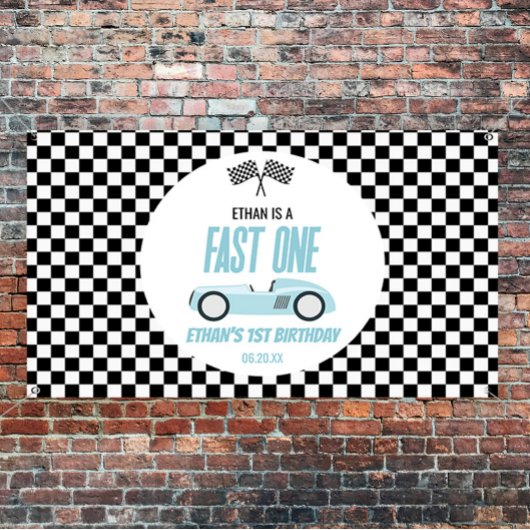 Fast One Blue Race Car 1e verjaardagsfeestje Spandoek