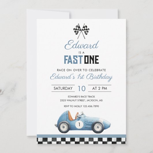 Fast One Blue Race Car 1st Birthday Kaart (Voorkant)
