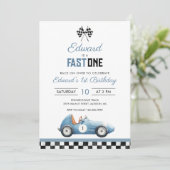 Fast One Blue Race Car 1st Birthday Kaart (Staand voorkant)