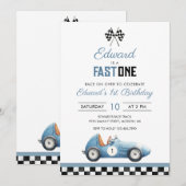 Fast One Blue Race Car 1st Birthday Kaart (Voorkant / Achterkant)