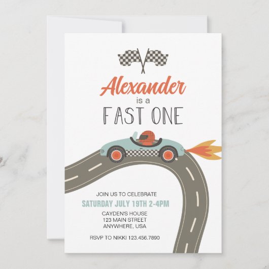 Fast One Blue Race Car Birthday Invitation Kaart (Voorkant)
