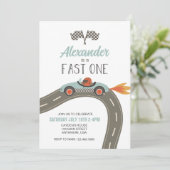 Fast One Blue Race Car Birthday Invitation Kaart (Staand voorkant)