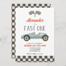 Fast One Blue Race Car Birthday Invitation