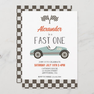 Fast One Blue Race Car Birthday Invitation Kaart