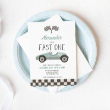 Fast One Blue Race Car Birthday Invitation