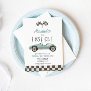 Fast One Blue Race Car Birthday Invitation Kaart