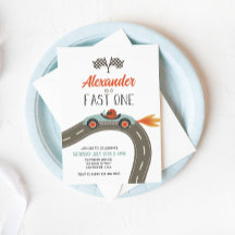 Fast One Blue Race Car Birthday Invitation