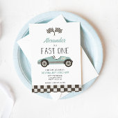 Fast One Blue Race Car Birthday Invitation Kaart