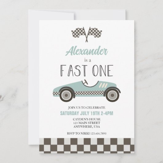 Fast One Blue Race Car Birthday Invitation Kaart (Voorkant)