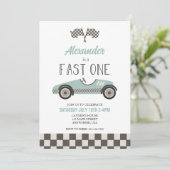Fast One Blue Race Car Birthday Invitation Kaart (Staand voorkant)
