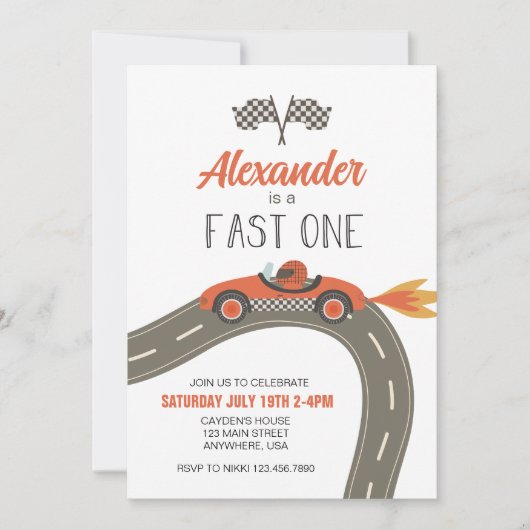 Fast One Blue Race Car Birthday Invitation Kaart (Voorkant)