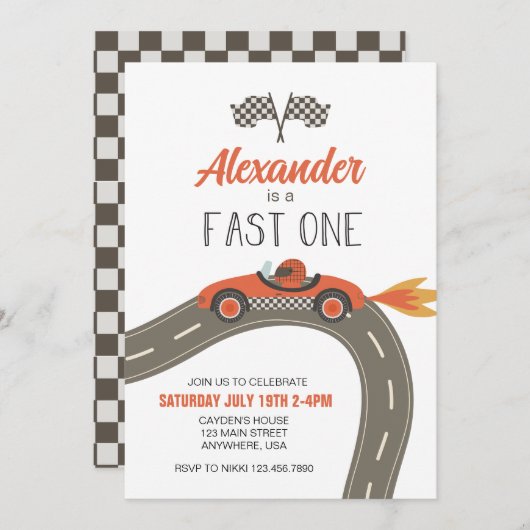 Fast One Blue Race Car Birthday Invitation Kaart (Voorkant / Achterkant)