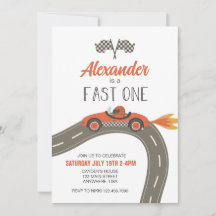 Fast One Blue Race Car Birthday Invitation