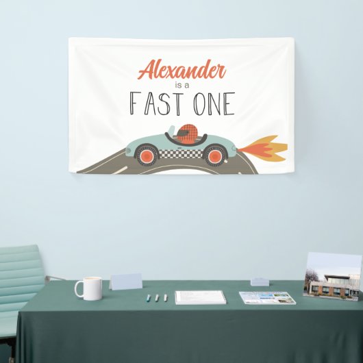 Fast One Blue Race Car Birthday Spandoek (Beurs)