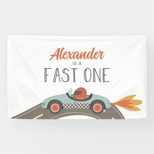 Fast One Blue Race Car Birthday Spandoek (Horizontaal)