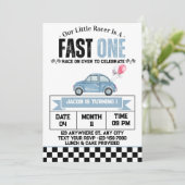 Fast One Blue  Race Car Boy 1e Verjaardag Kaart (Staand voorkant)