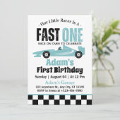 Fast One Blue Race Car Boy 1e Verjaardagsfeestje Kaart (Staand voorkant)