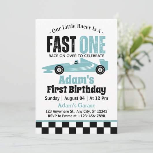 Fast One Blue Race Car Boy 1e Verjaardagsfeestje Kaart (Staand voorkant)