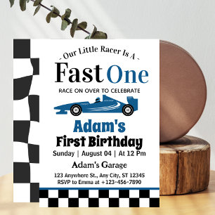 Fast One Blue Race Car Boy 1e Verjaardagsfeestje Kaart