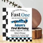 Fast One Blue Race Car Boy 1e Verjaardagsfeestje Kaart