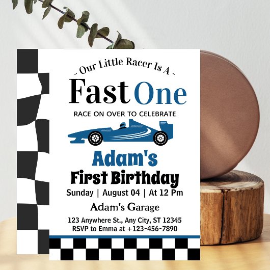 Fast One Blue Race Car Boy 1e Verjaardagsfeestje Kaart