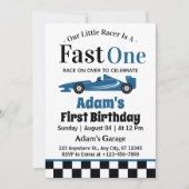 Fast One Blue Race Car Boy 1e Verjaardagsfeestje Kaart (Voorkant)