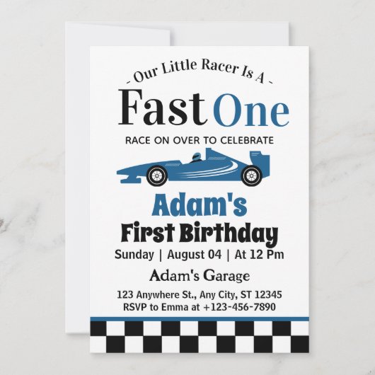 Fast One Blue Race Car Boy 1e Verjaardagsfeestje Kaart (Voorkant)