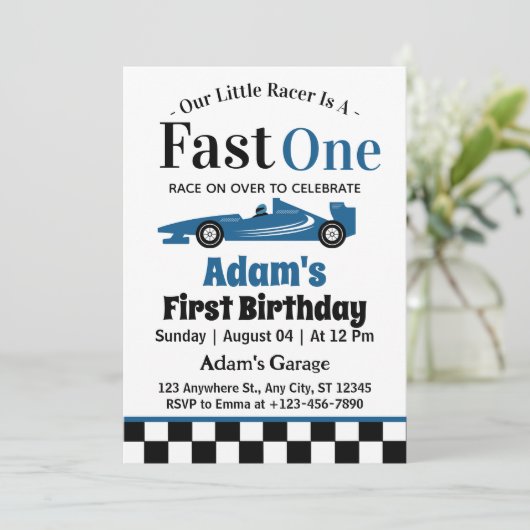 Fast One Blue Race Car Boy 1e Verjaardagsfeestje Kaart (Staand voorkant)