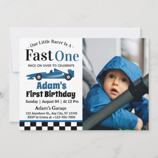 Fast One Blue Race Car Boy 1e Verjaardagsfeestje Kaart (Voorkant)