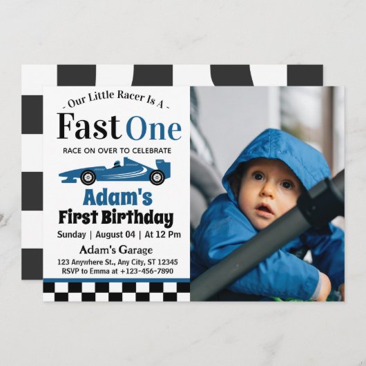 Fast One Blue Race Car Boy 1e Verjaardagsfeestje Kaart (Voorkant / Achterkant)
