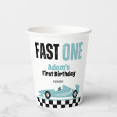 Fast One Blue Race Car Boy 1e Verjaardagsfeestje Papieren Bekers (Achterkant)